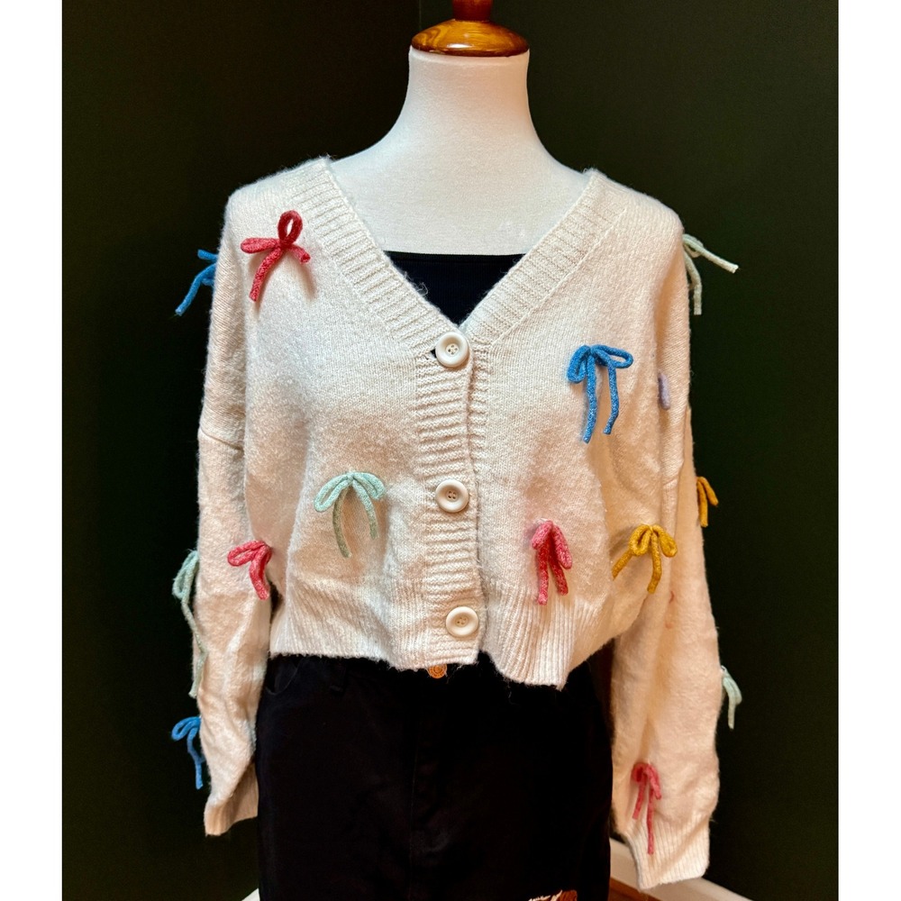 Luna Ivy White/Cream Cropped Colorful Bows Cottagecore Sweater Women's‎ S